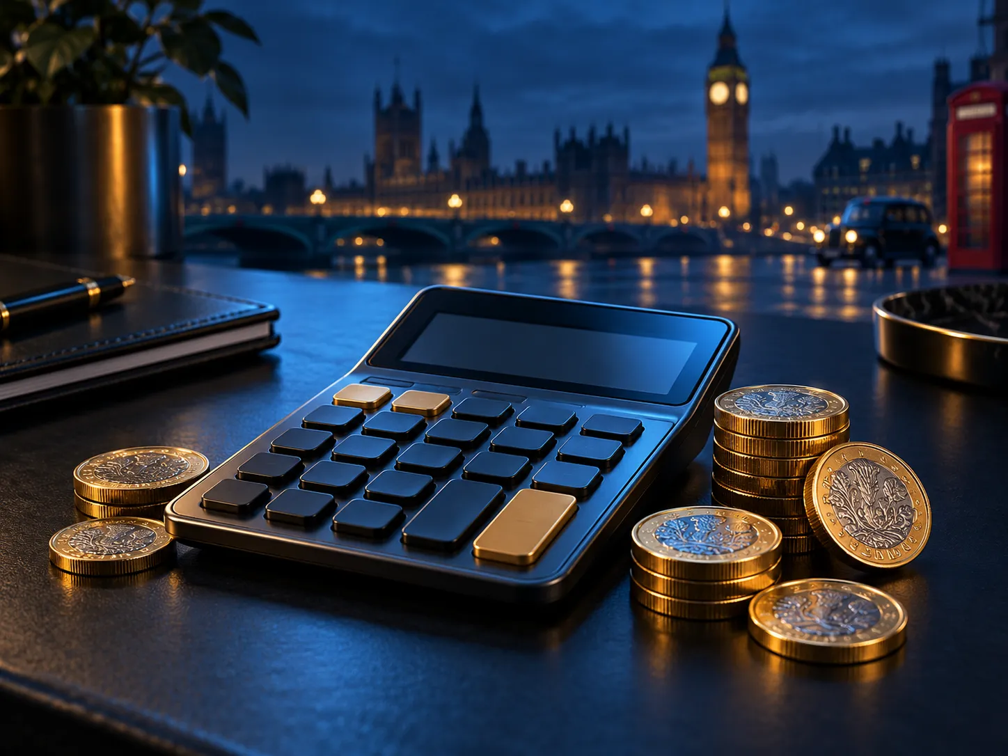 A calculator and scattered coins arranged on a dark navy desk bathed in soft electric blue light, premium editorial style.