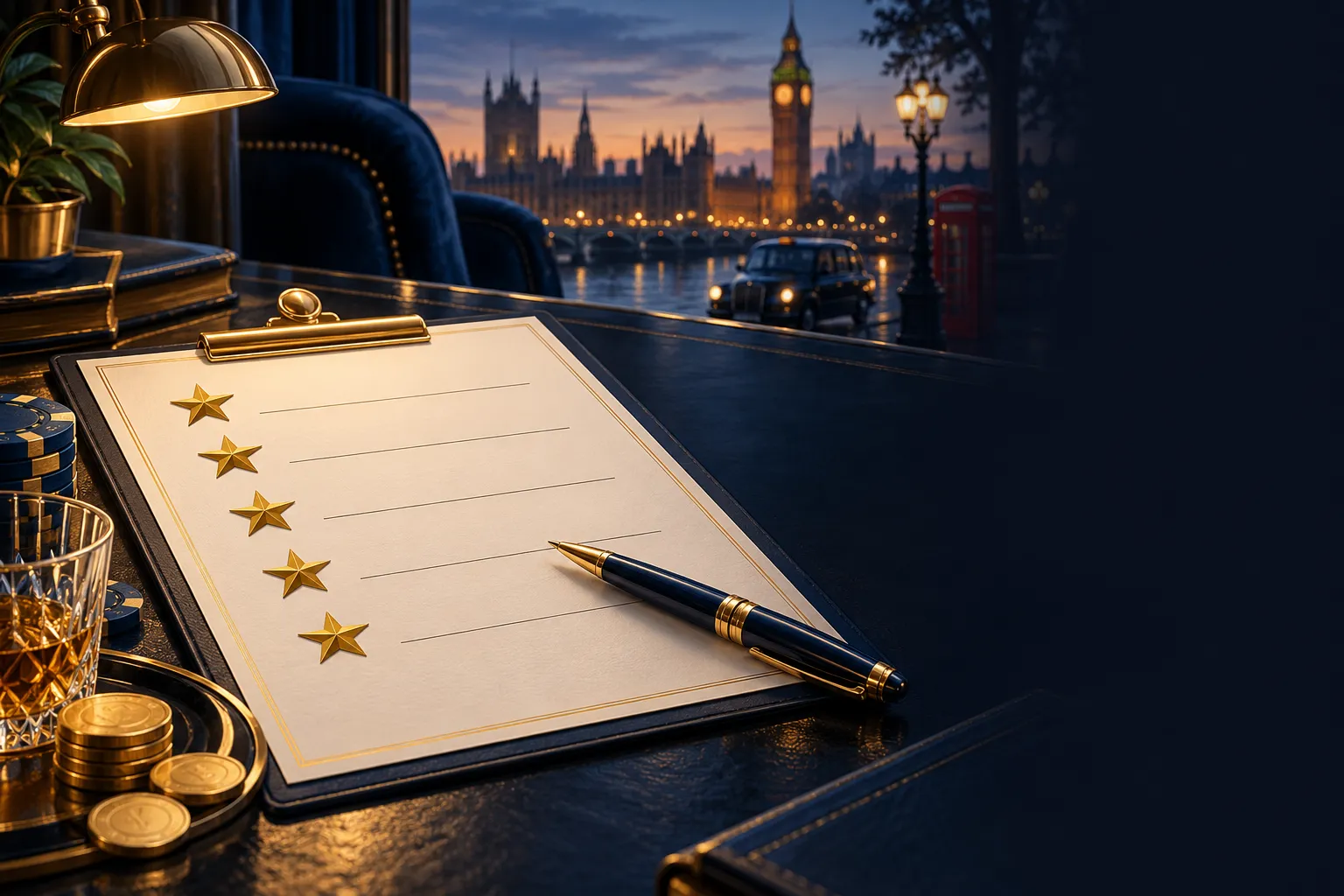 Premium editorial illustration of a scorecard with gold stars and pen on a dark desk, navy and gold palette, methodology conc