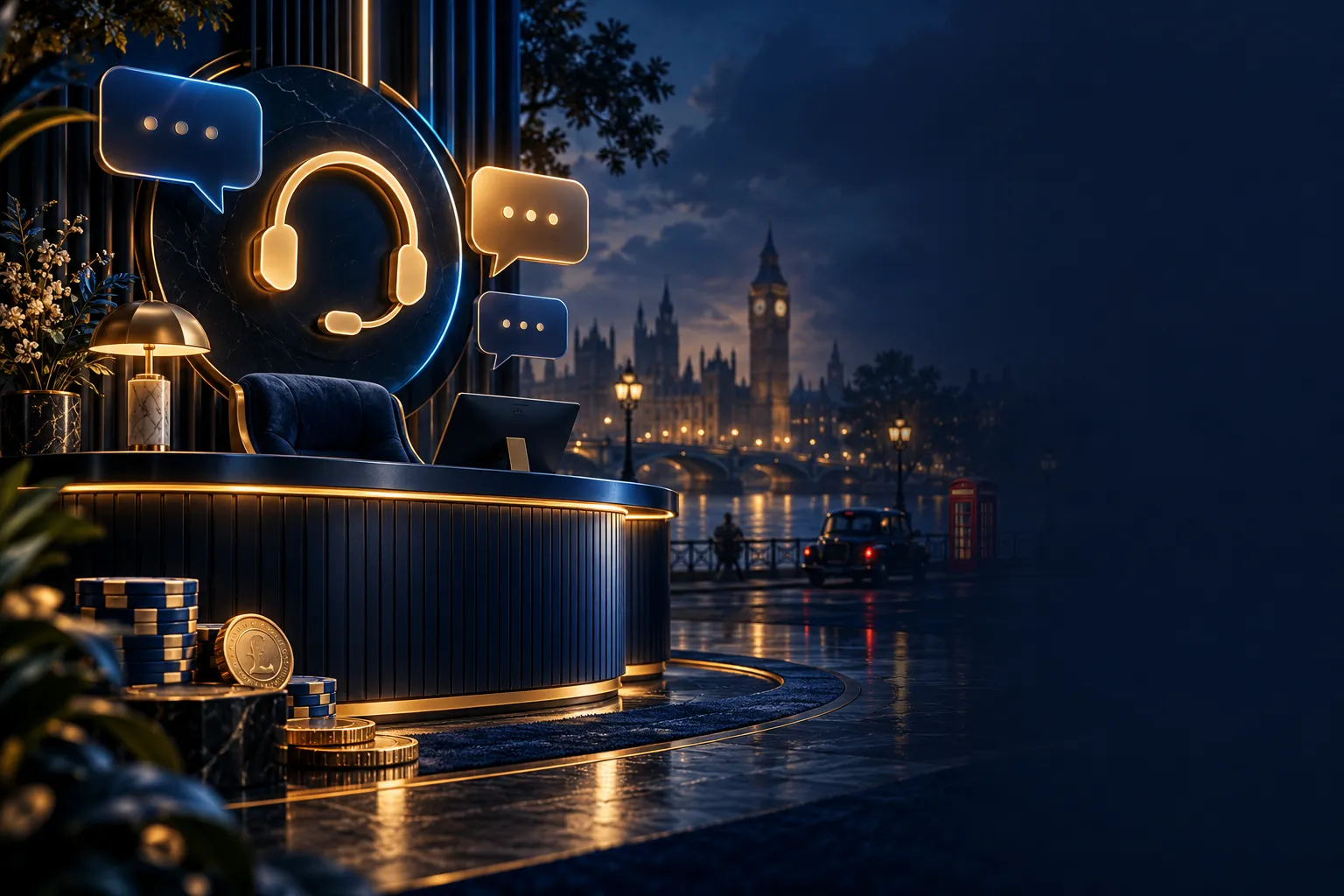 Editorial illustration of a glowing gold headset icon above a navy support desk with chat bubbles, electric blue highlights a