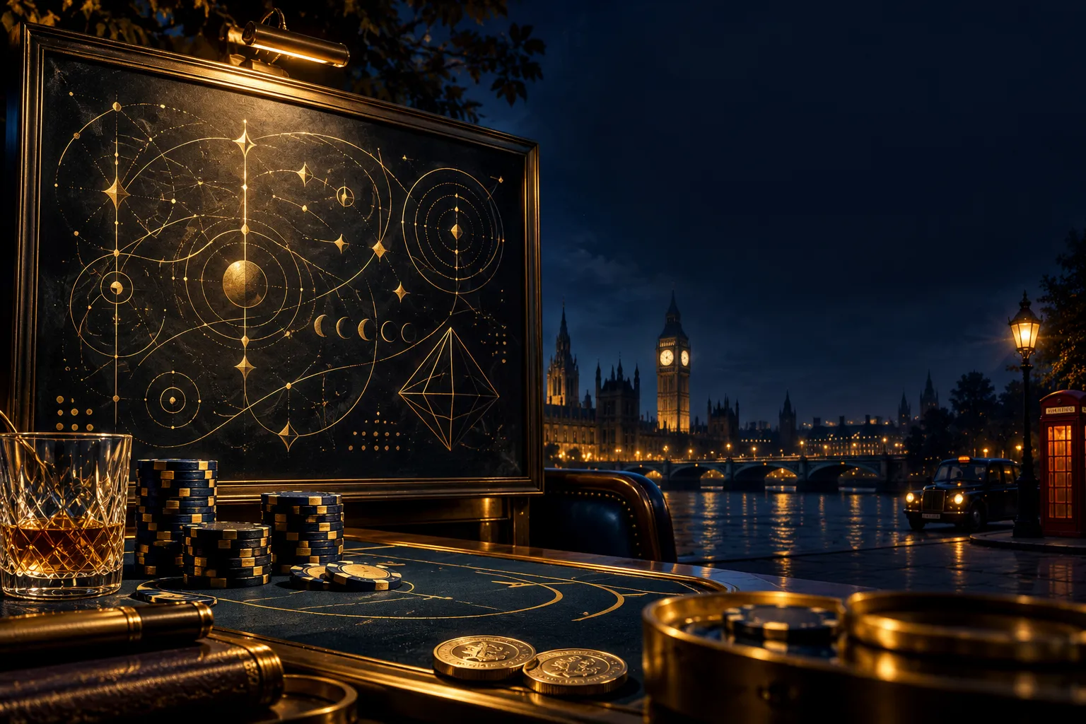 Dark chalkboard panel with glowing gold abstract equations, deep navy background, electric blue accents, subtle London skylin