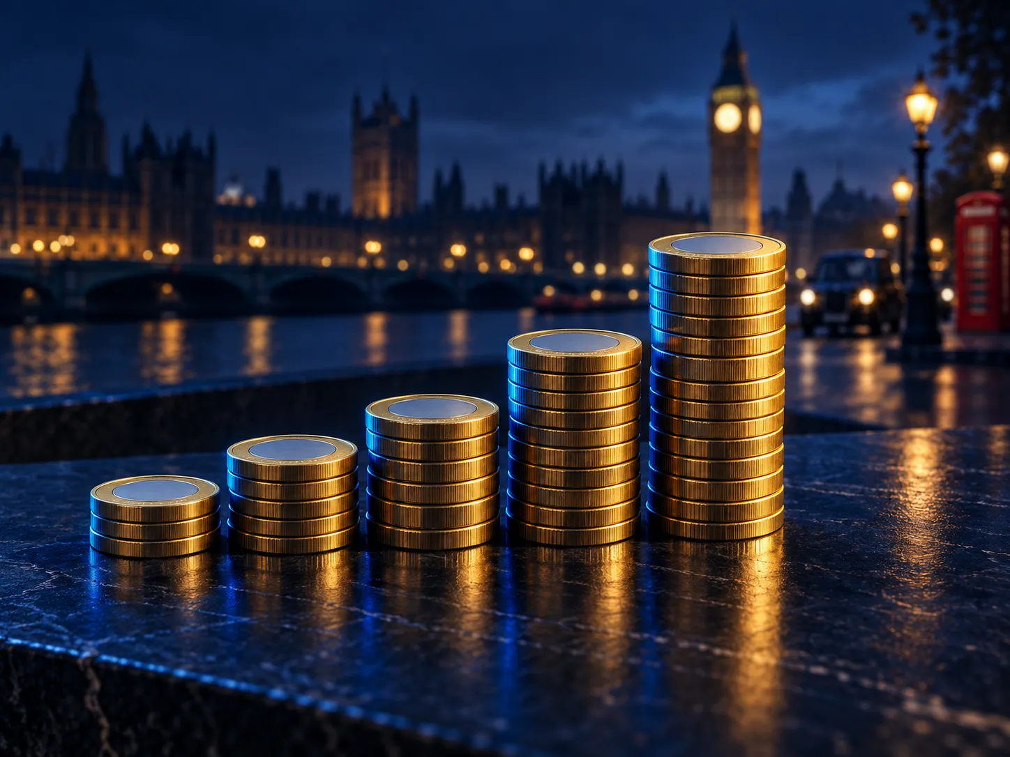 Stacks of gold and silver coins arranged as a rising bar chart on a deep navy surface with electric blue cinematic lighting