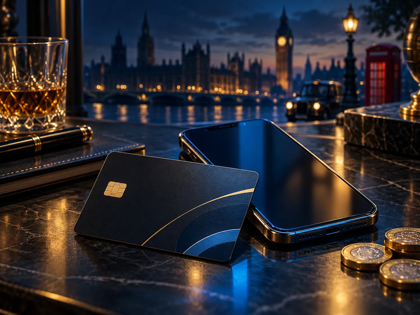 Abstract dark bank card and smartphone on a navy desk with electric blue and gold cinematic lighting, faint London skyline si