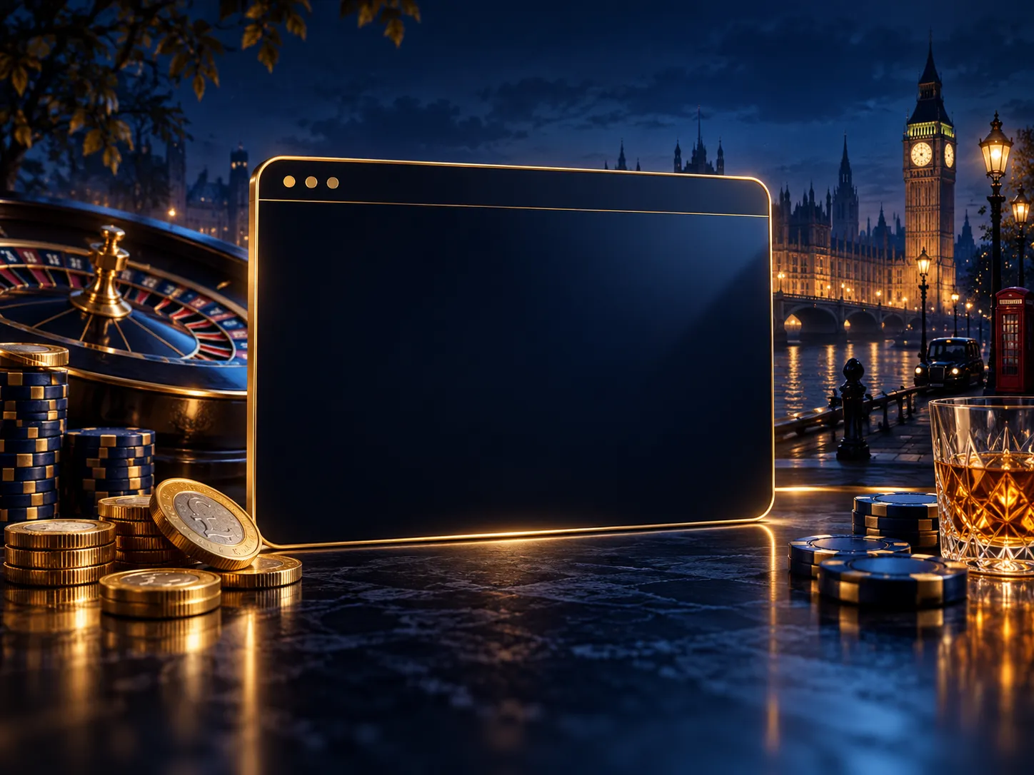 Premium dark navy browser window with gold outlines and electric blue highlights, subtle London skyline silhouette, cinematic