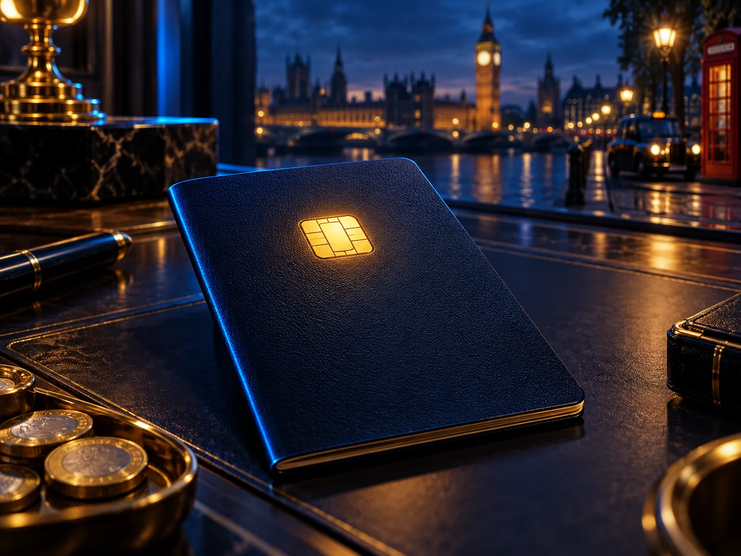 A passport-shaped dark card with a glowing gold chip resting on a desk, set against a deep navy background with electric blue
