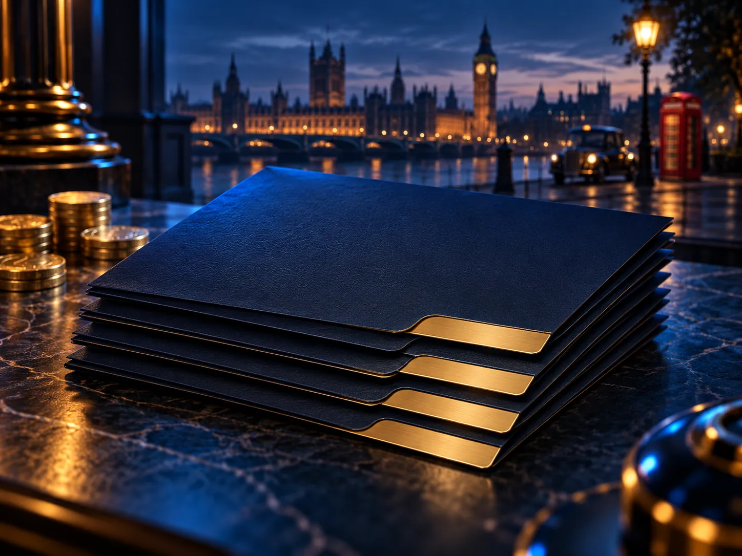 Stack of dark documents with gold index tabs, deep navy background with electric blue and warm gold accents, premium editoria