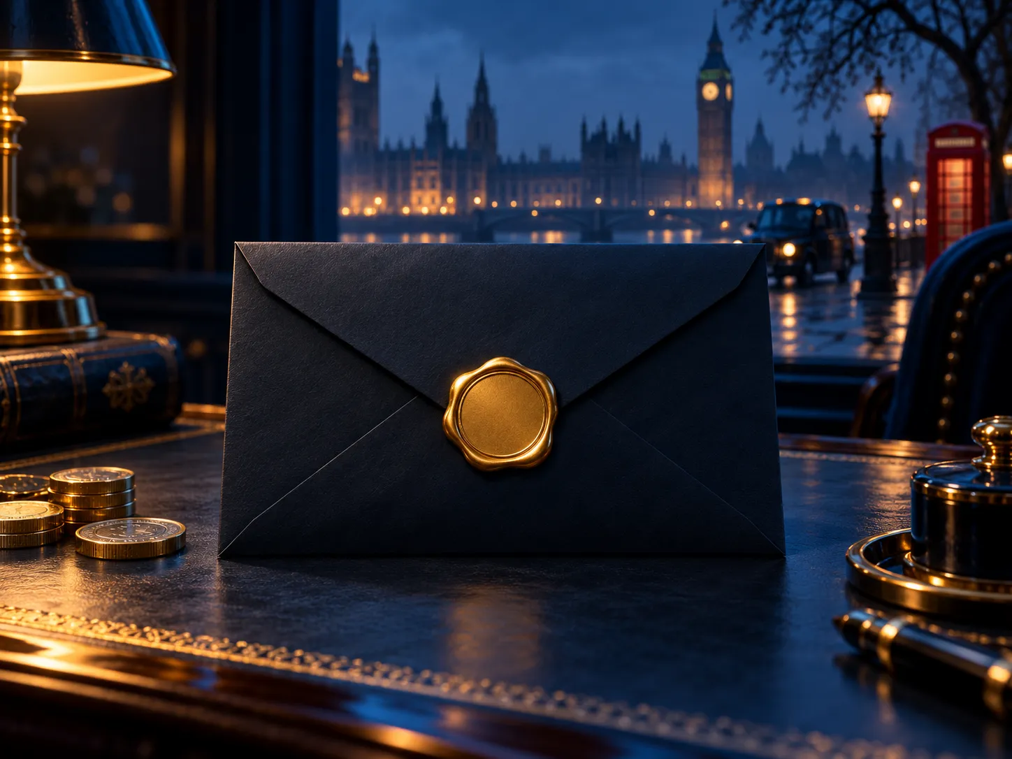 A sealed dark envelope with a gold wax seal resting on a desk, set against a deep navy background with cinematic lighting.
