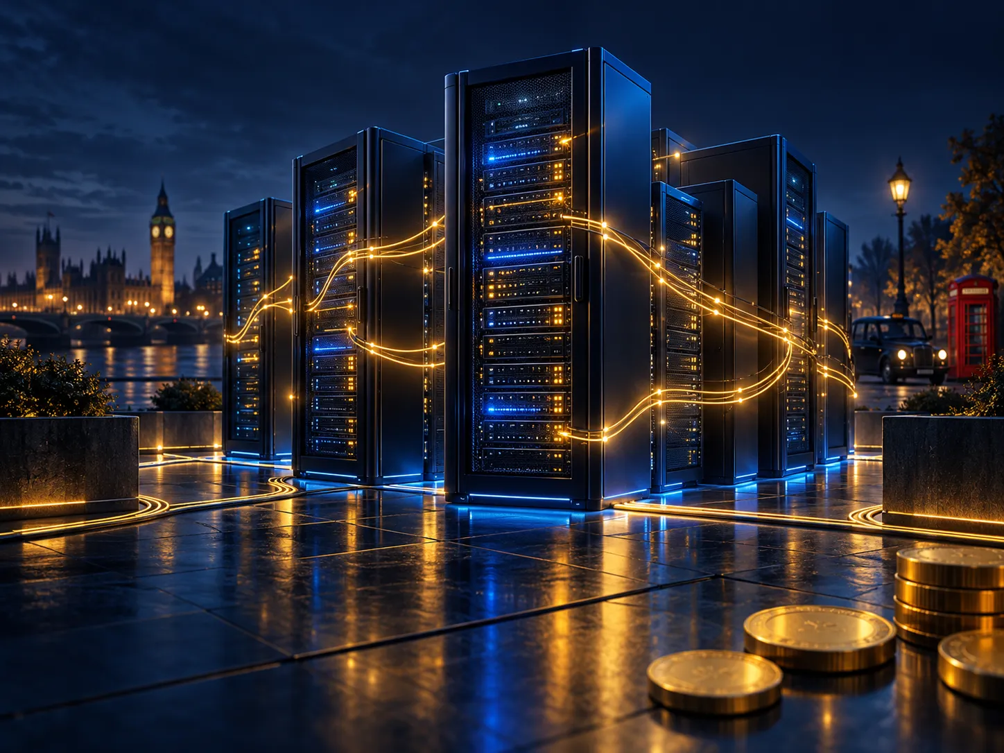 Dark server rack shapes illuminated by glowing gold light lines against a deep navy background with electric blue accents, ci
