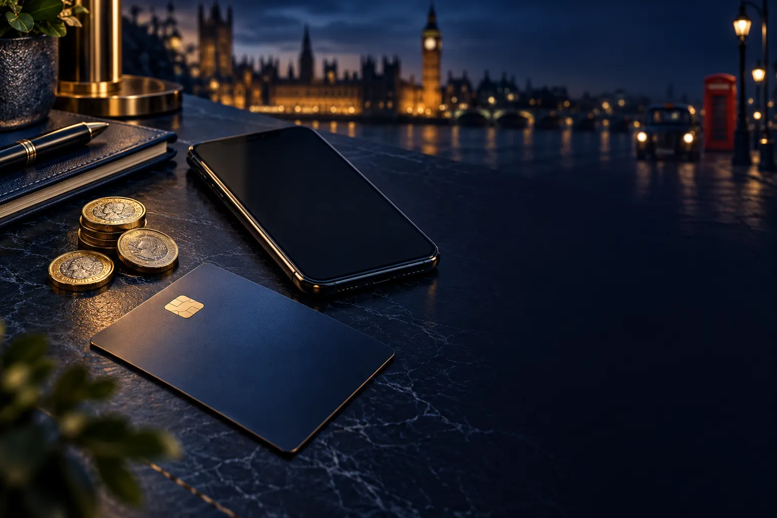 Editorial flat-lay of a brandless debit card, smartphone, and pound sterling coins on a deep navy desk with gold accents