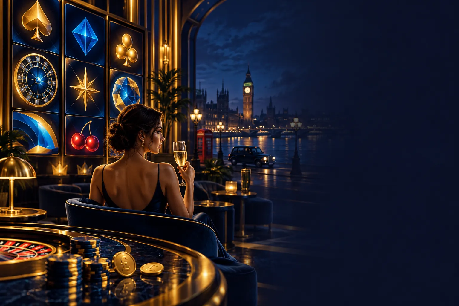 Editorial hero banner of glowing gold and navy casino game tiles in an abstract lobby with electric blue accents and subtle L