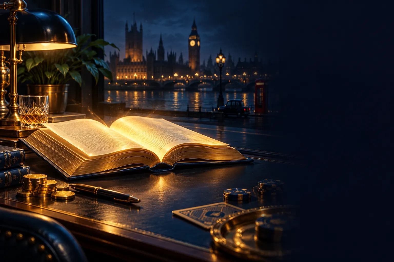 Open book with glowing gold pages resting on a deep navy desk, cinematic editorial illustration with electric blue highlights