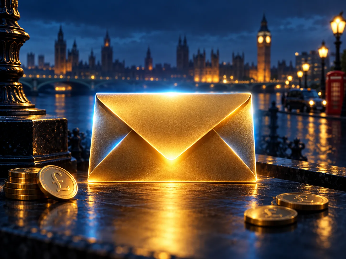 A luminous golden envelope icon glowing with warm gold light against a deep navy background, with subtle electric blue highli