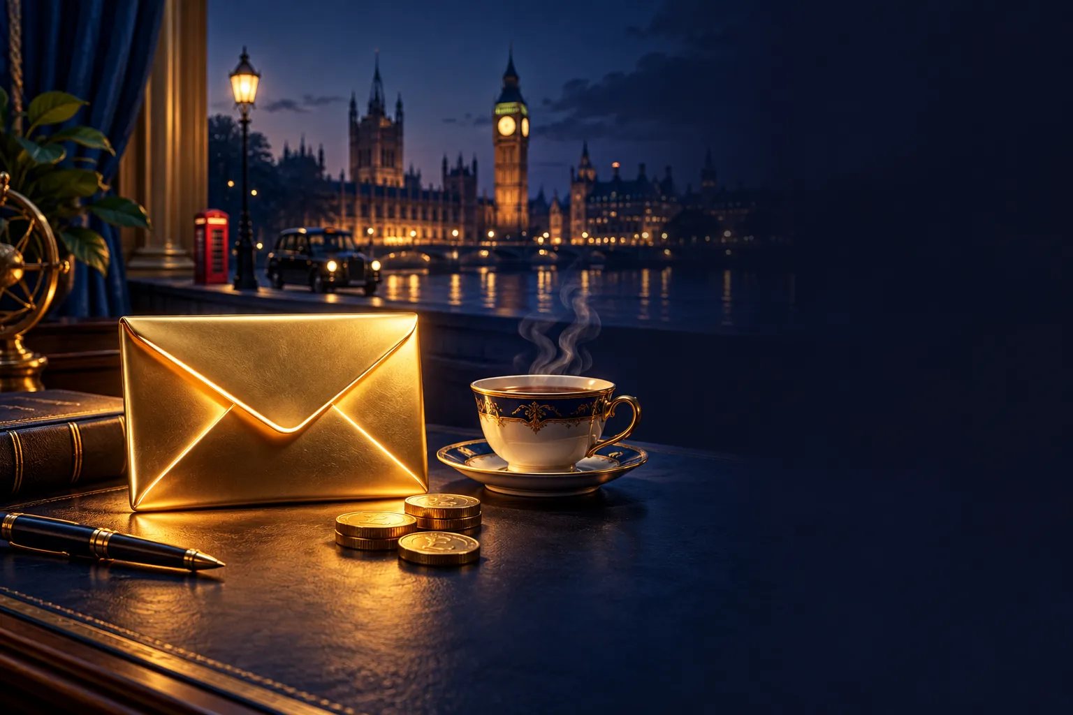 Editorial illustration of a navy desk with a glowing gold envelope icon and a cup of tea, with UK-themed accents and cinemati