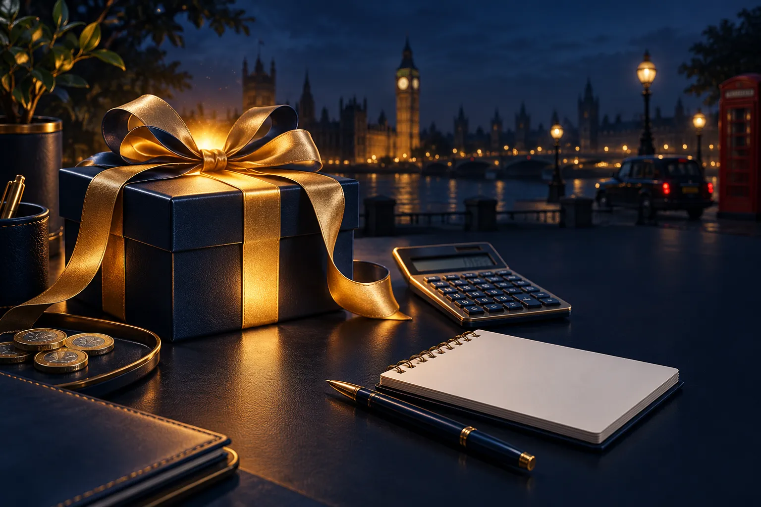 A glowing gold gift box on a navy desk beside a calculator and notepad, styled as a premium editorial finance illustration wi