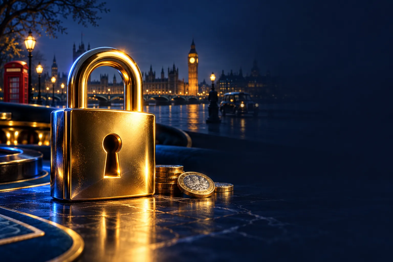 A glowing gold padlock on a dark navy digital surface, evoking secure online login for a British casino review site