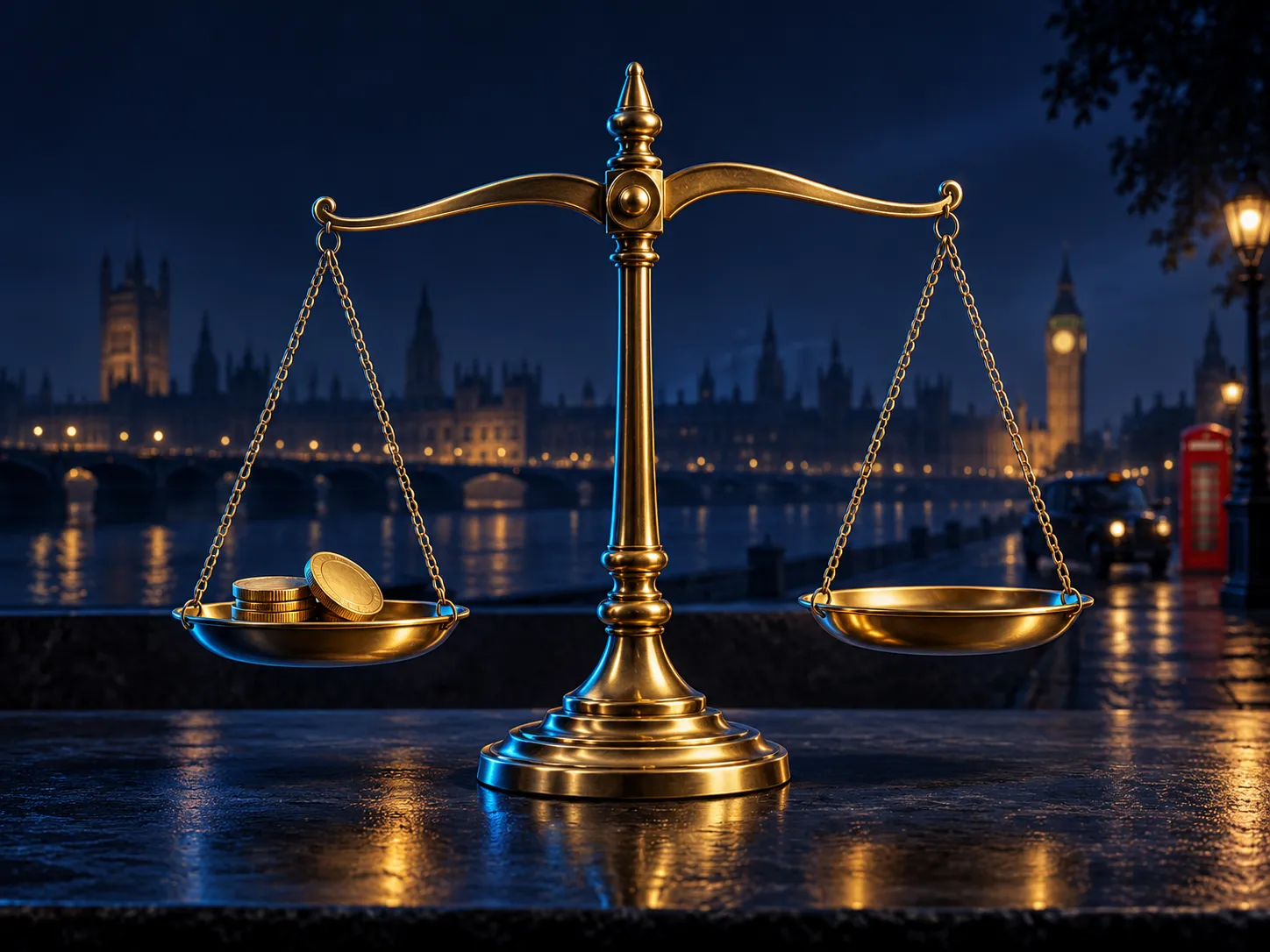 Gold balance scale centred on deep navy background with electric blue highlights and warm gold accents, subtle London skyline