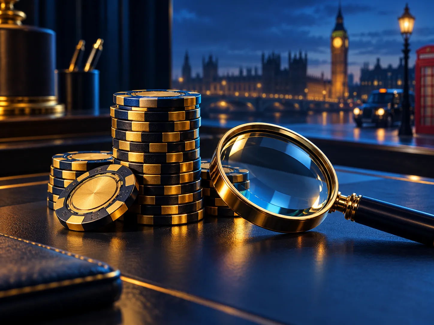 Stack of neatly arranged gold casino chips beside a magnifying glass on a deep navy desk with cinematic soft lighting and war