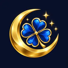 Flat casino app icon featuring a glossy gold crescent moon cradling a blue four-leaf clover with small stars on deep navy bac