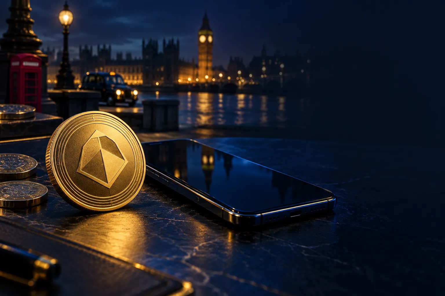 Gold cryptocurrency coin beside a smartphone on a deep navy desk with cinematic editorial lighting and electric blue accents