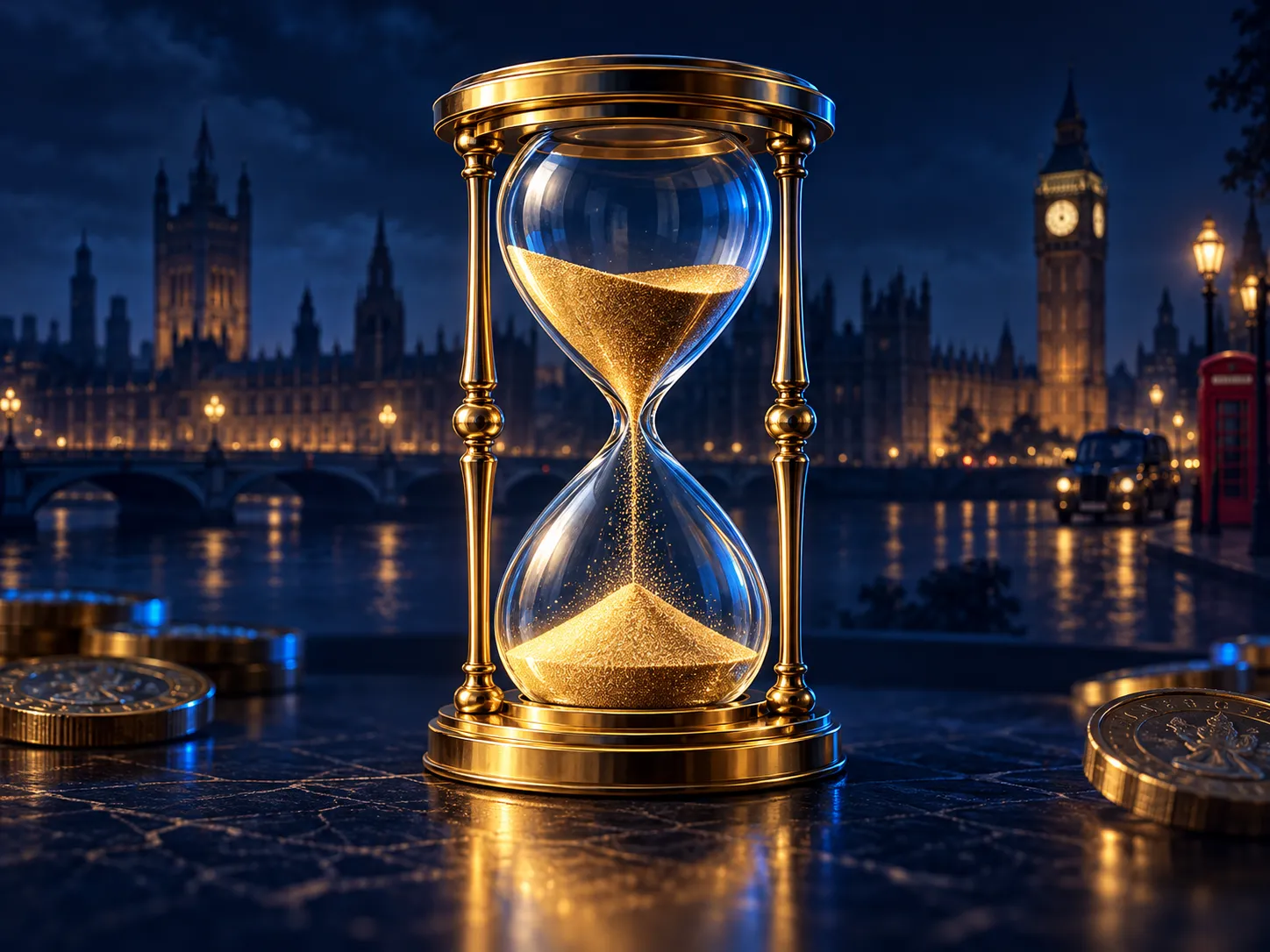 A gleaming gold hourglass with warm gold accents glowing against a deep navy background, cinematic soft lighting, premium edi
