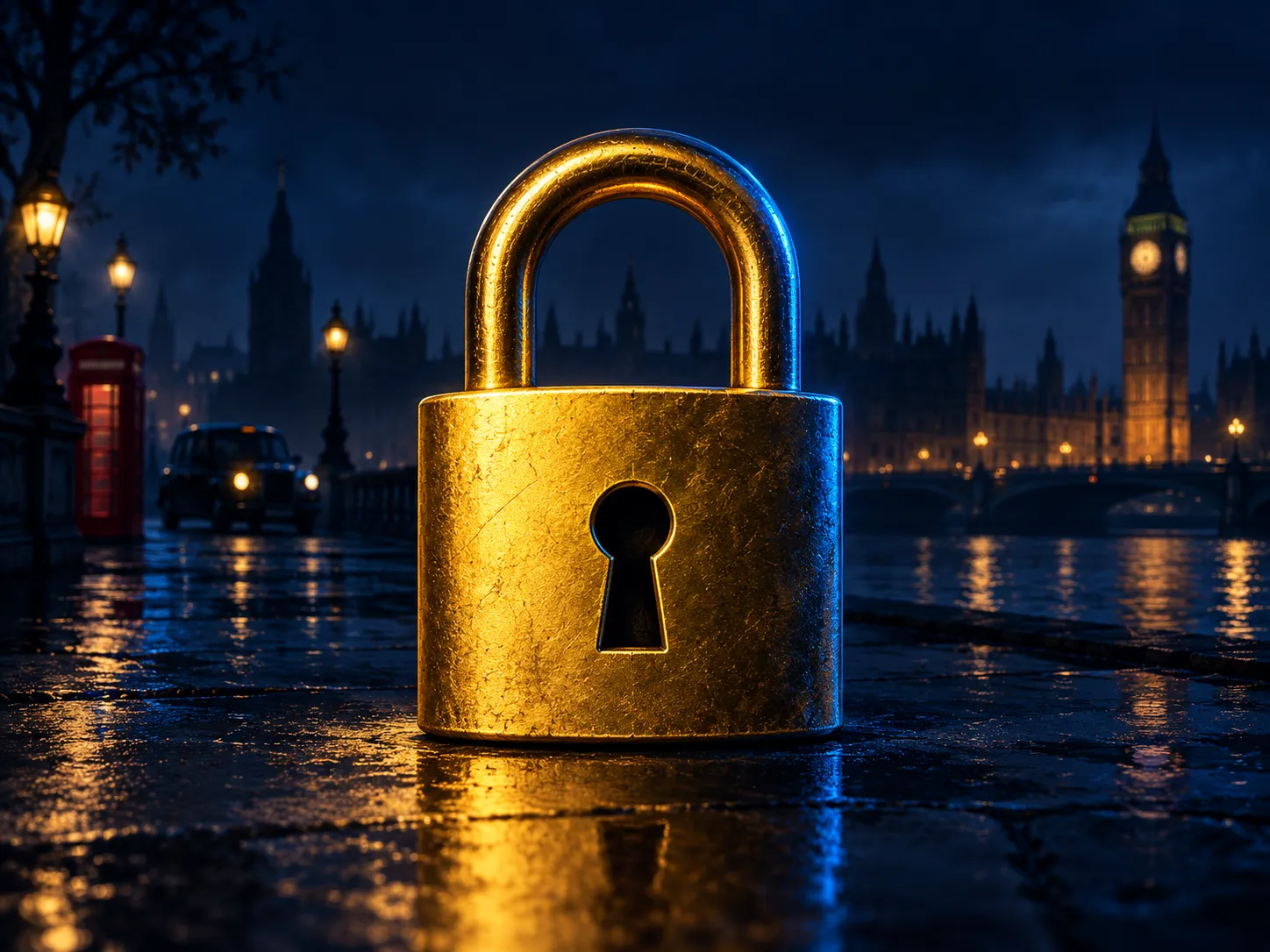 A gleaming gold padlock centred against a deep navy background with electric blue highlights, evoking a casino security warni