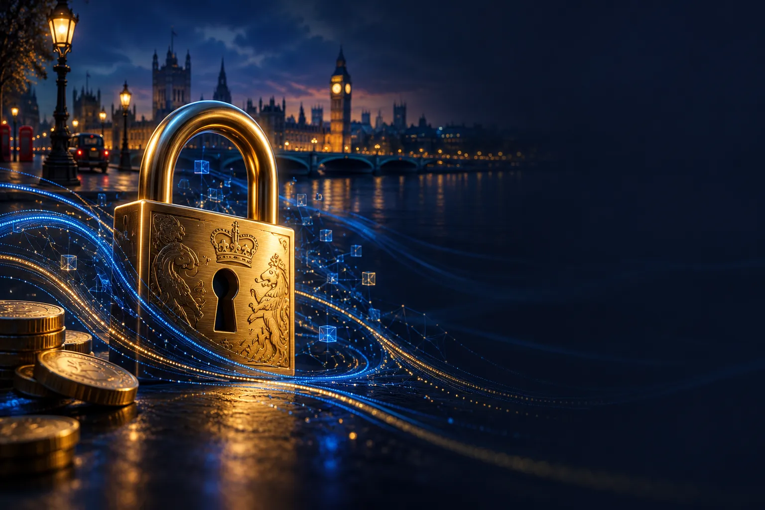 Gleaming gold padlock over abstract dark blue data streams with London skyline silhouette, electric blue highlights on deep n