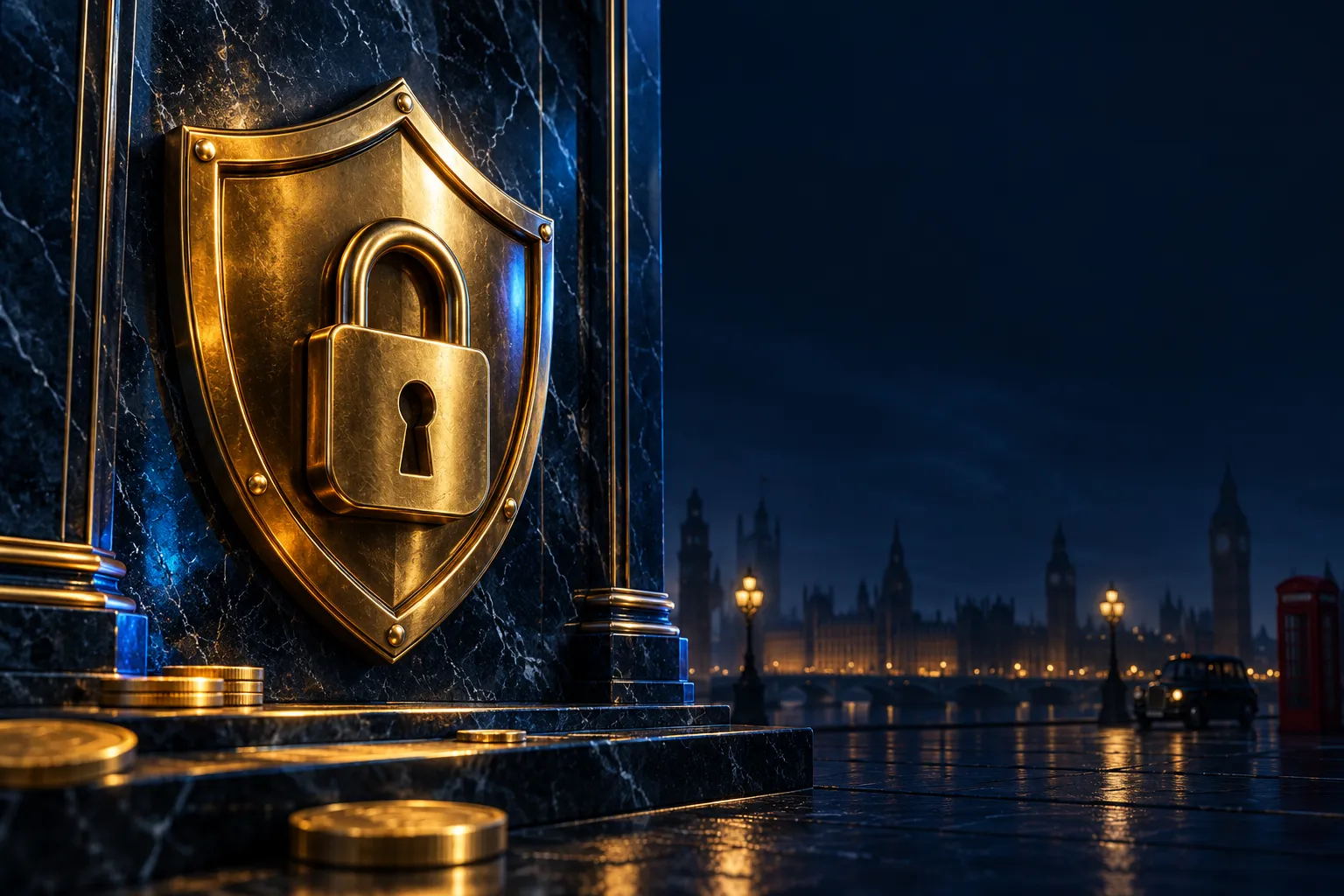 Gold shield with padlock mounted on dark navy marble wall, editorial trust and security concept with warm gold accents