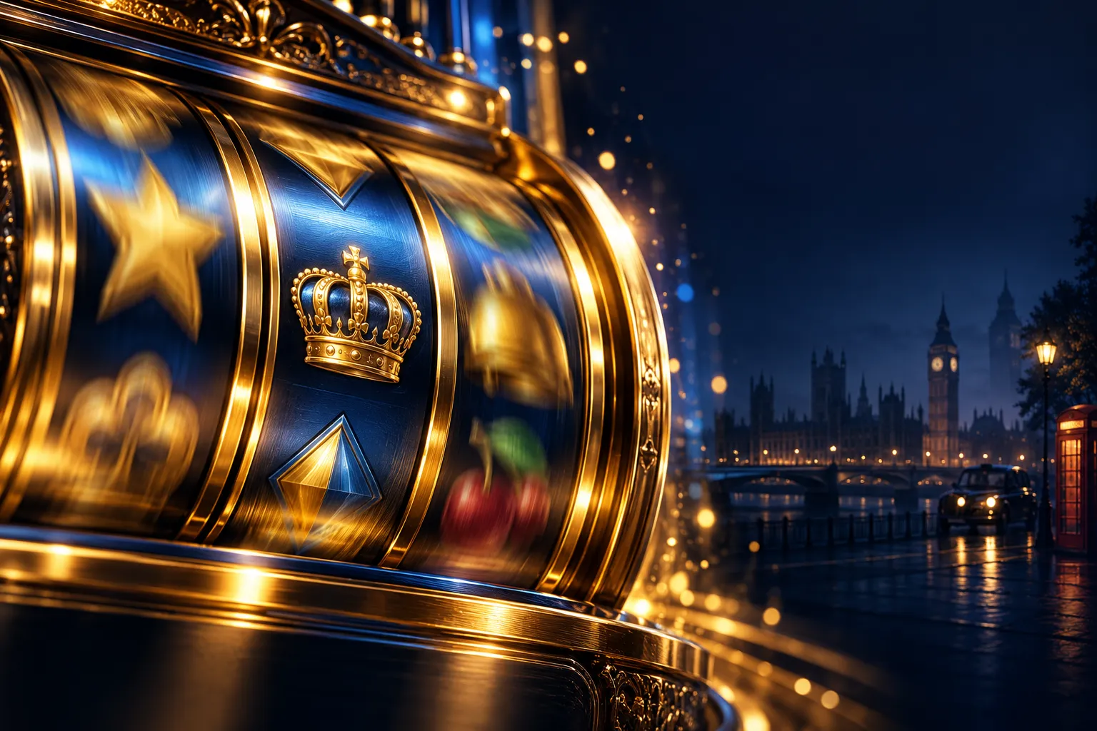 Cinematic close-up of a spinning gold slot reel with sparkles against deep navy background, editorial lighting with electric 