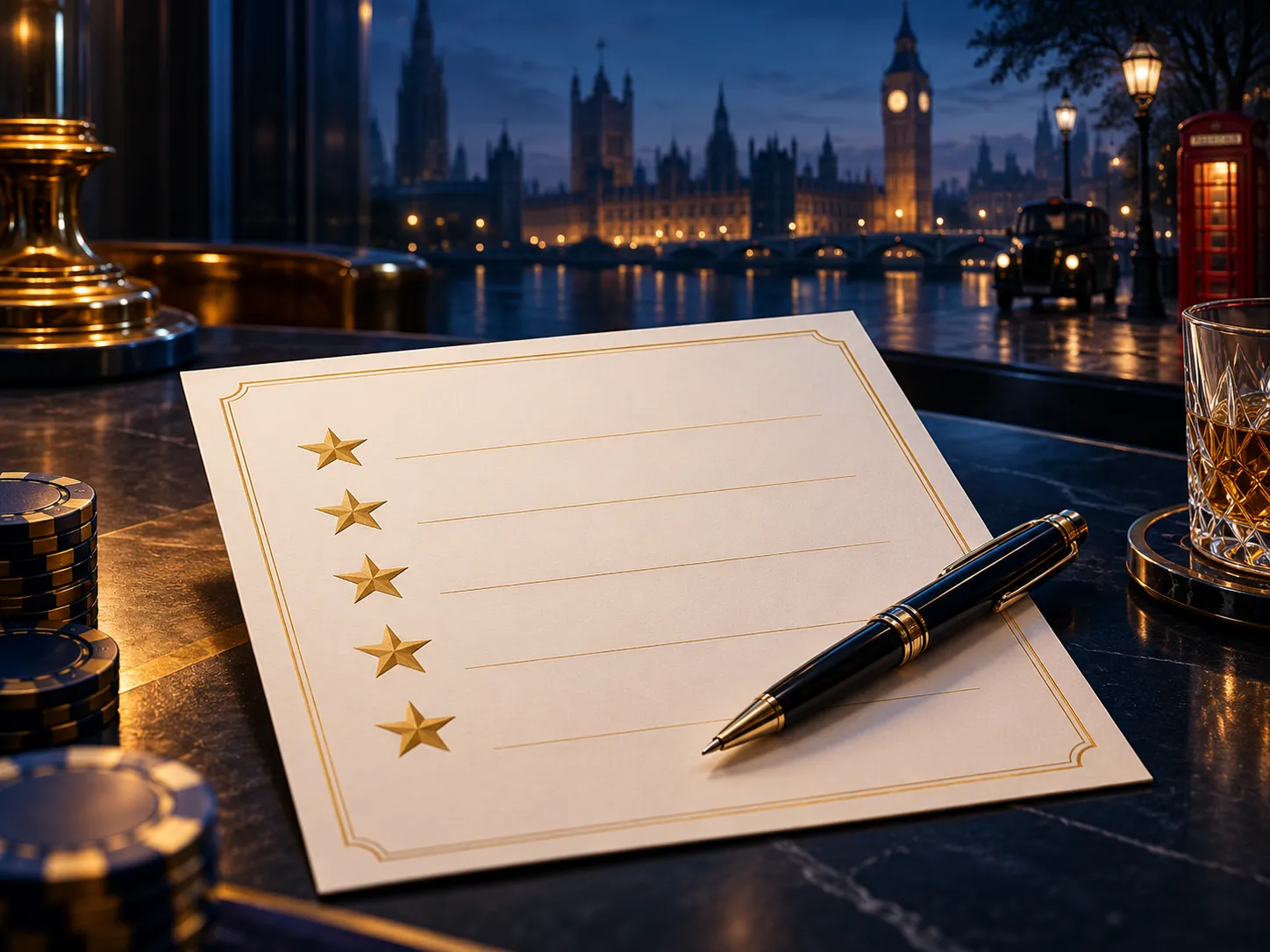 Editorial illustration of a scorecard with gold stars and a pen resting on a dark navy table, cinematic soft lighting with bl