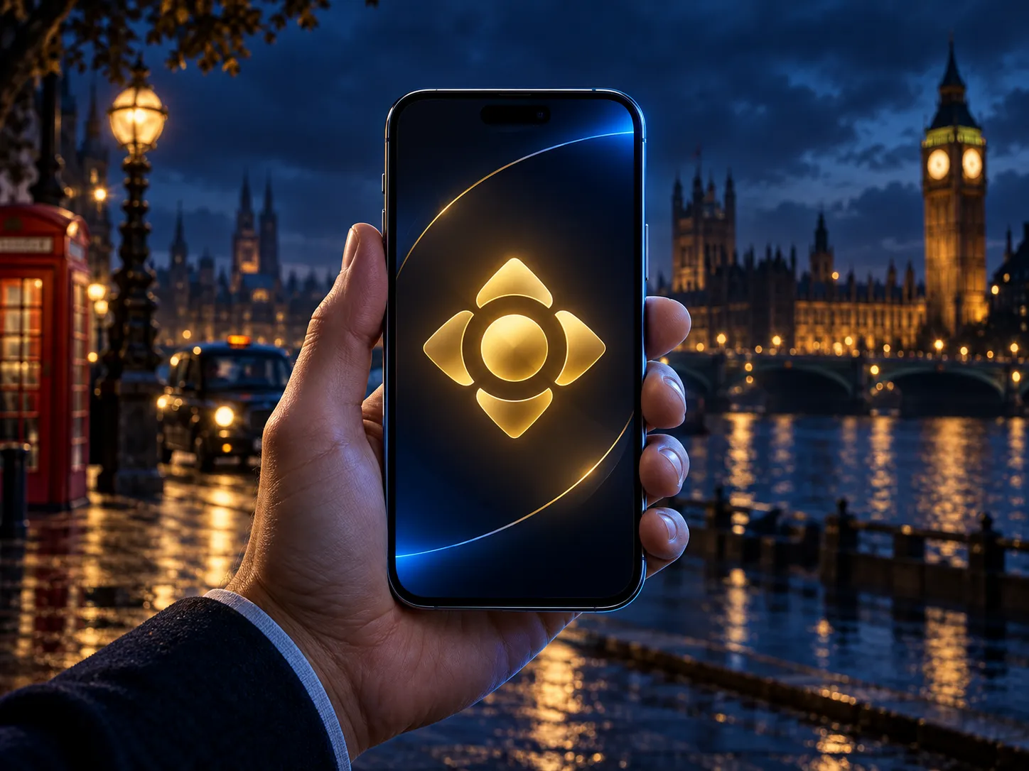 A hand holding a smartphone displaying a glowing gold home-screen icon against a deep navy background with electric blue high