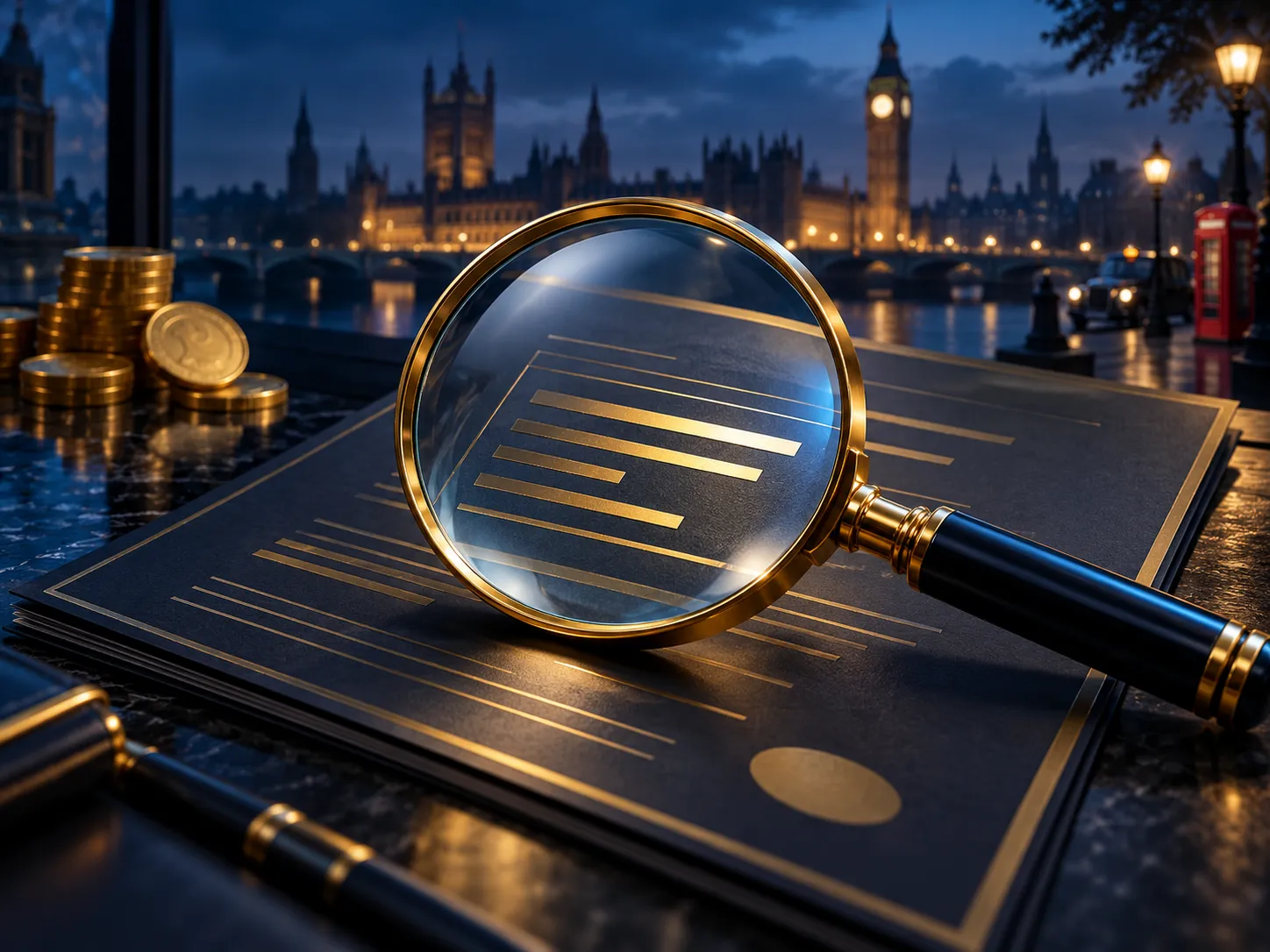 A magnifying glass examining a dark document with glowing gold highlighted lines, premium editorial illustration with deep na