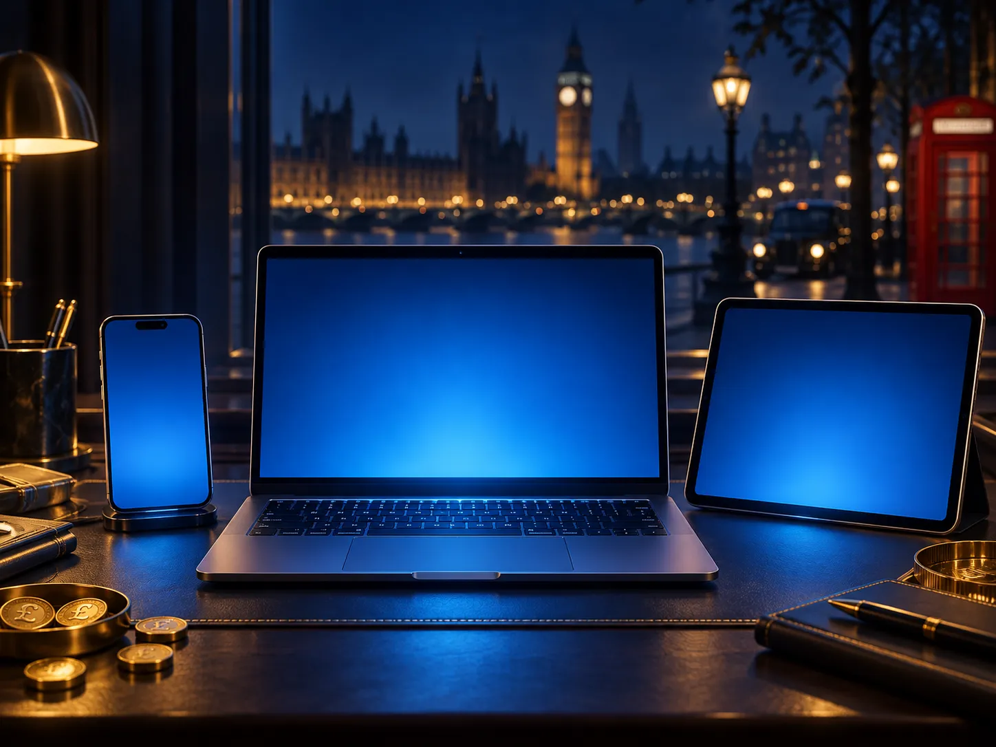Laptop, phone and tablet aligned on a dark navy desk emitting electric blue screen glow, with subtle London skyline silhouett