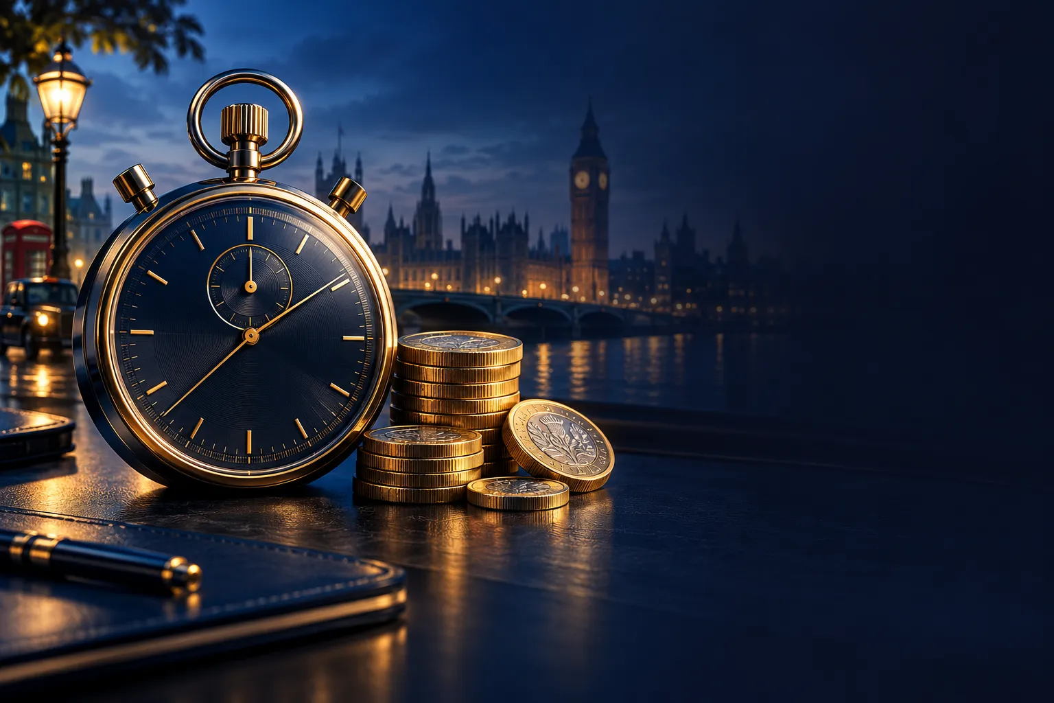 A gleaming stopwatch and stacked pound sterling coins on a deep navy desk with warm gold and electric blue cinematic lighting