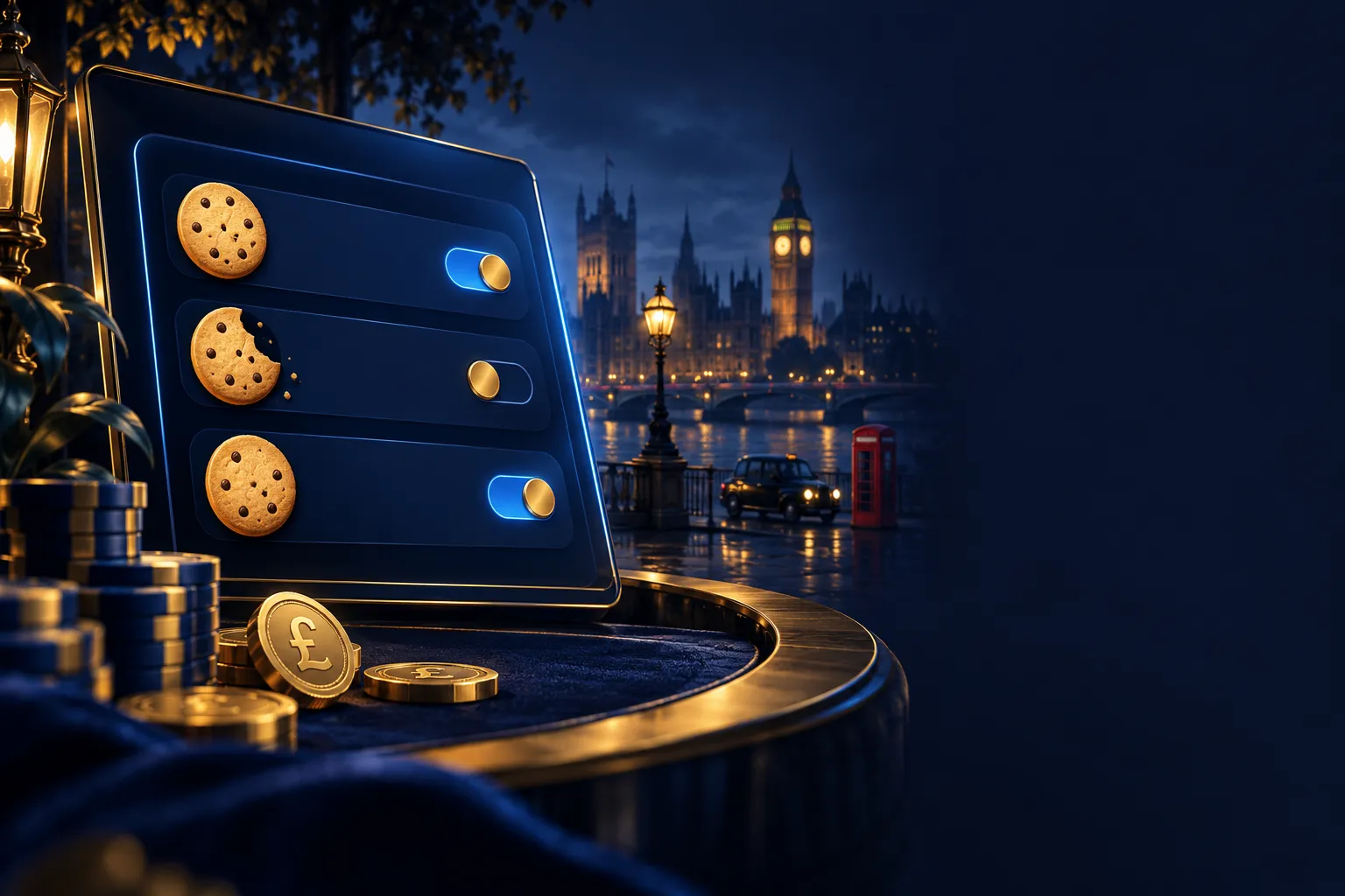 Abstract navy digital screen with gold cookie-shaped circles and toggle controls, electric blue highlights, cinematic lightin